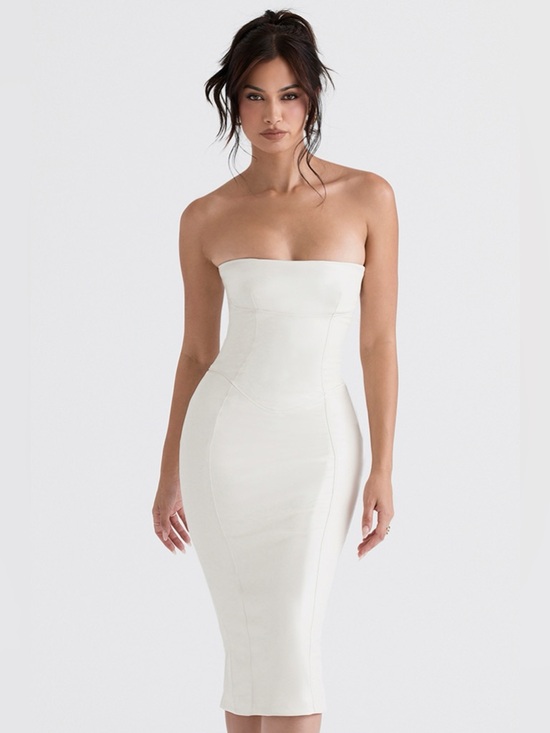 House of CB Dresses & Skirts - House of CB Camilla Ivory Vegan Leather Strapless Corset Bodycon Midi Dress